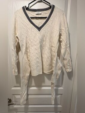 Sandro Cream Cable-Knit V-Neck Sweater with Navy Trim